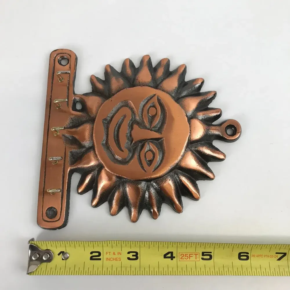 Celestial Sun Face 5 Hook Key Rack Vintage 90s Copper Toned Southwest Wall Decor